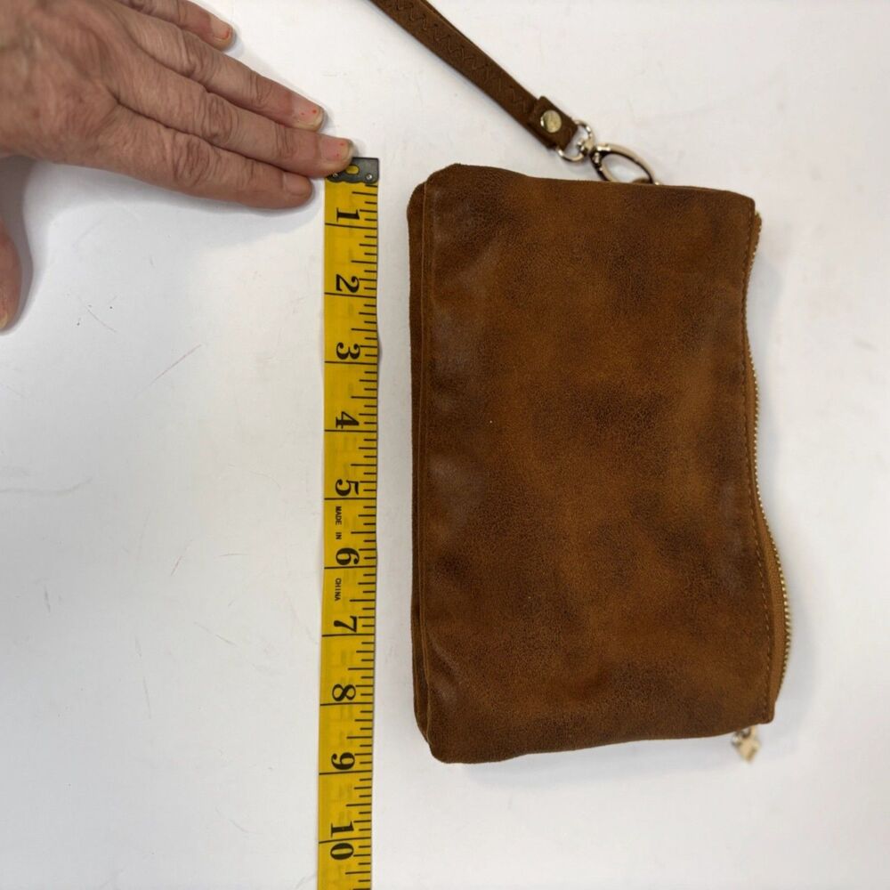 Caroline Hill Wristlet Clutch Brown Suede-Like Gold Zipper Removable Strap - Picture 9 of 9